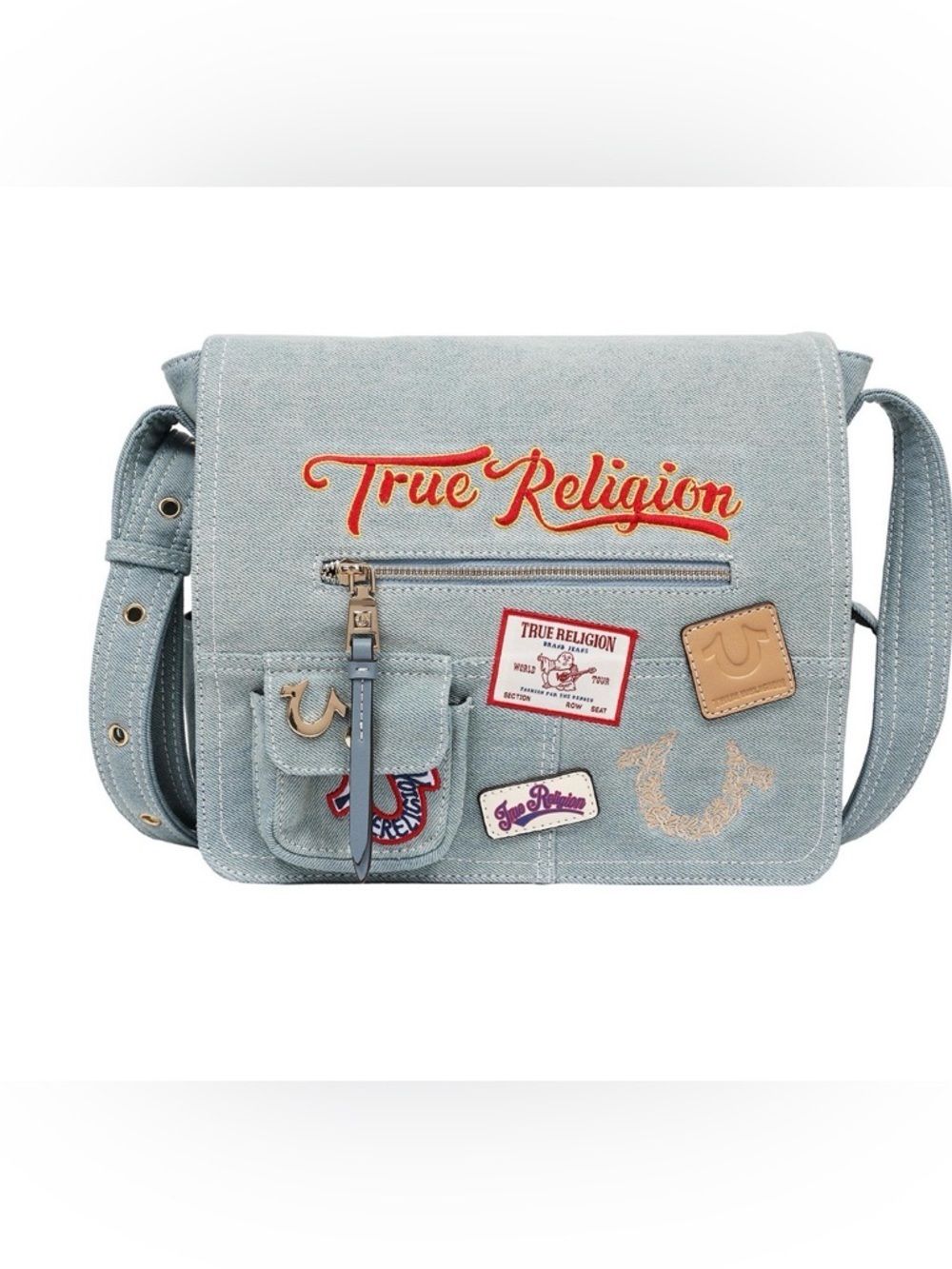 NWT True Religion Multi Patch Denim Messenger Bag in Blue
